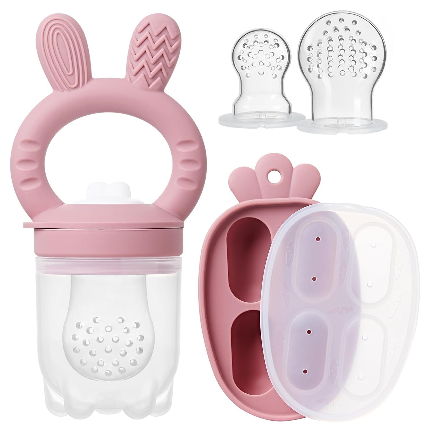2 Packs Silicone Baby Fruit Feeder with Freezer Nibble Tray Combo, Baby Fresh & Frozen Food Feeder Popsicle Molds Includes Extra Food Pouches (Dark Pink)