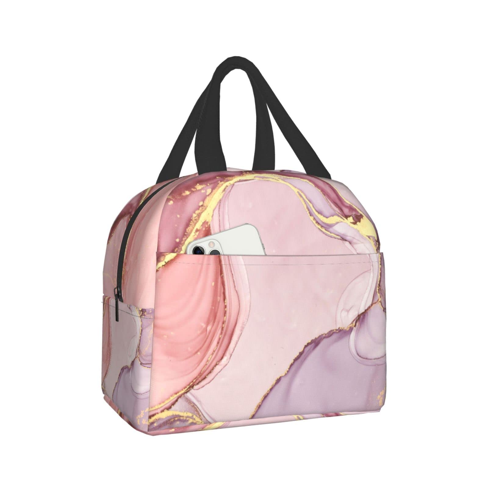 Lsjuee Pink Glitter Rose Gold Marble Lunch Bags for Women Portable Cooler Tote Bag Large Reusable Insulated Lunch Box with Pocket for Men Adults Girls Travel Picnic Work, Black