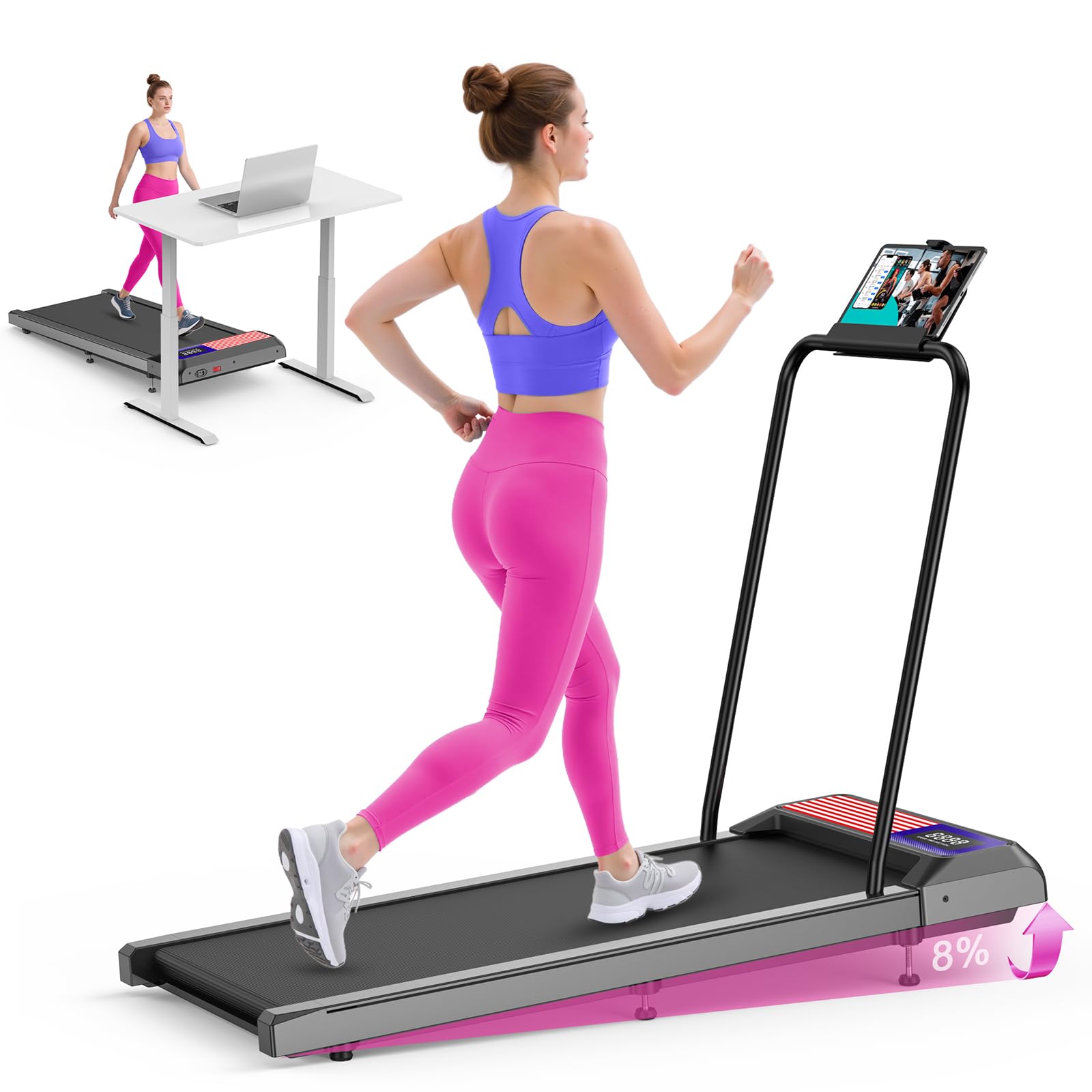 HCOIW Walking Pad Treadmill with Incline - Portable Under Desk Treadmill with Handlebar, 2.5HP Low-Noise Motor, 2-in-1 Treadmill for Home Office, LED Display with Remote Control