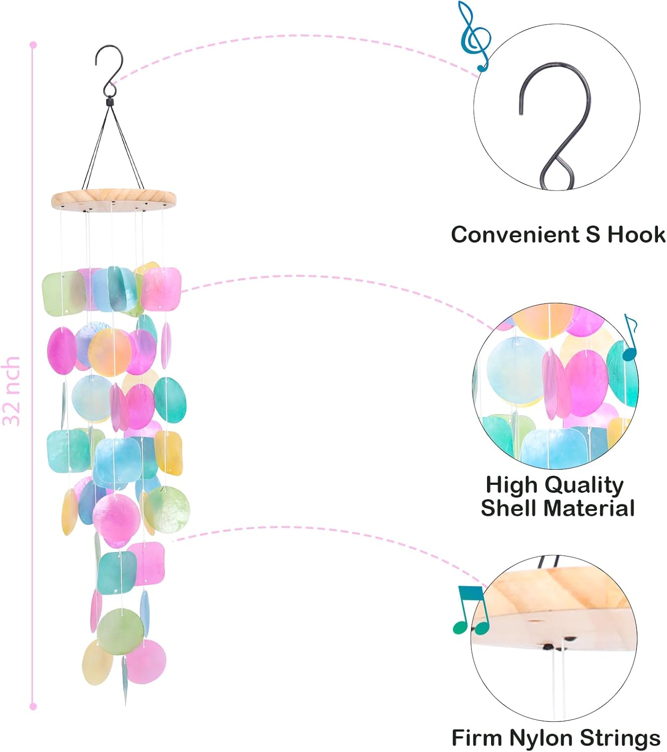 Taman Shell Wind Chimes for Outside - 32" Handcrafted Capiz Shell Windchime Coastal Decor Valentine's Day Gift for Indoor/Outdoors, Garden,Yard,Coastal,Beach Decor, Women Mother’s DayGift - Image 4