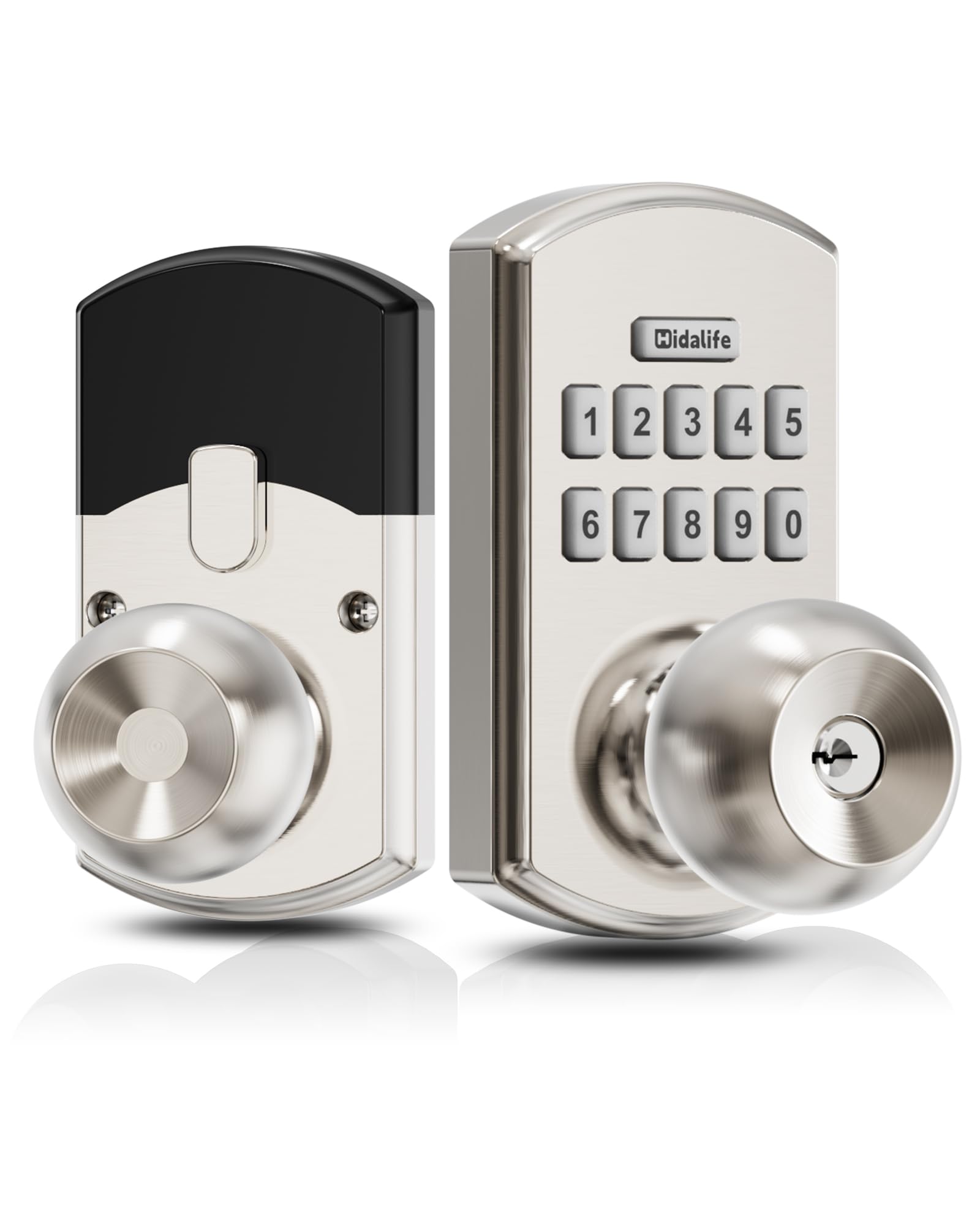 Hidalife Pomo de puerta inteligente con teclado, cerradura de puerta de entrada sin llave para puerta delantera, modo de paso fácil, código único, níquel satinado