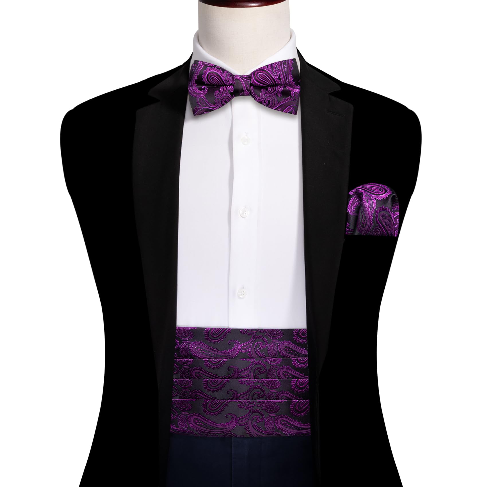 Barry.Wang Cummerbund - Juego de pajarita para hombre, gemelos cuadrados de seda