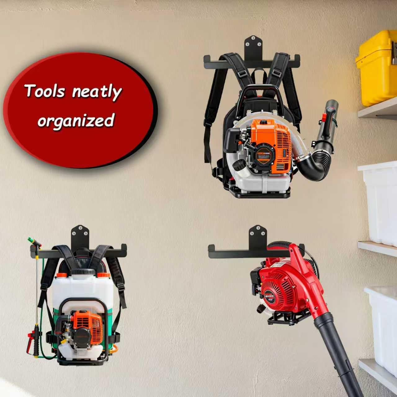 Backpack Leaf Blower Hanger, Heavy Duty Wall Mount with Utility Hooks for Garage, Supports 300 lbs for Weed Eater, Sprayer, Chainsaw & Tool Organizers (2-Pack, Black)