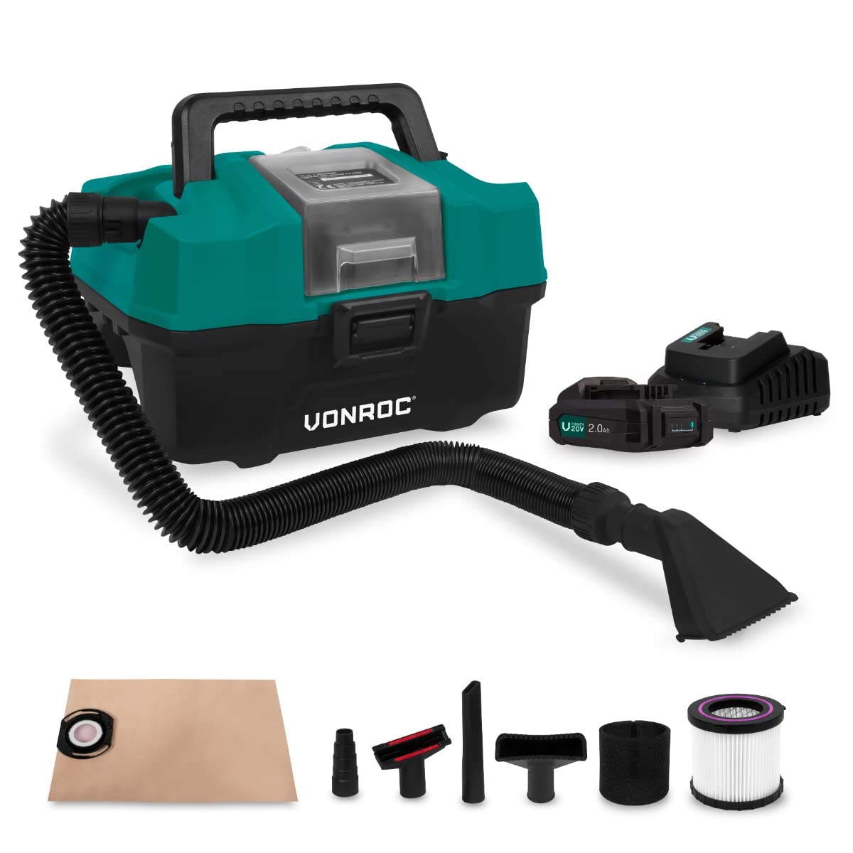 VONROC Aspiratore Multifunzione 20V - Senza Fili, 15L, Filtro HEPA, Soffiaggio e Aspirazione Liquidi - Set Completo con Batterie e Accessori
