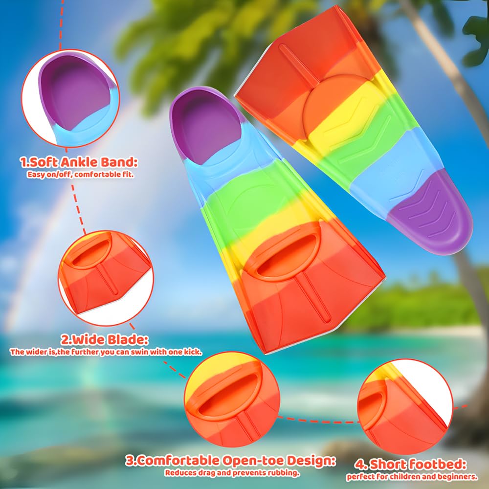 NAVESO Pinne Bambino, Pinne Snorkeling Bambino, Pinne Corte, Pinnette Nuoto Piscina Corte In Silicone, Pinne Da Allenamento Per Il Nuoto( XXS, Arcobaleno)