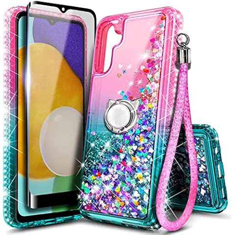 NZND Compatible with Samsung Galaxy A14 5G Case with Tempered Glass Screen Protector (Maximum Coverage), Ring Holder/Wrist Strap, Glitter Liquid Floating Waterfall Cute Case (Pink/Aqua) Cover