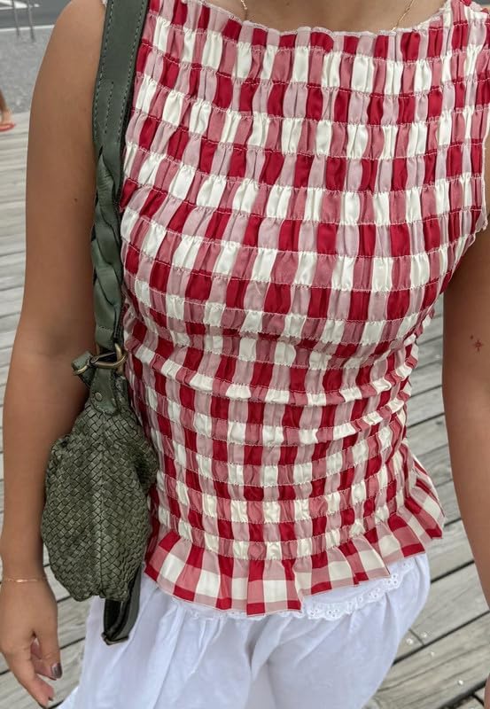 Women Smocked Tank Tops Y2k Ruffle Hem Shirred Crop Top Cute Sleeveless Peplum Shirt Summer Going Out Tops Streetwear - Image 3