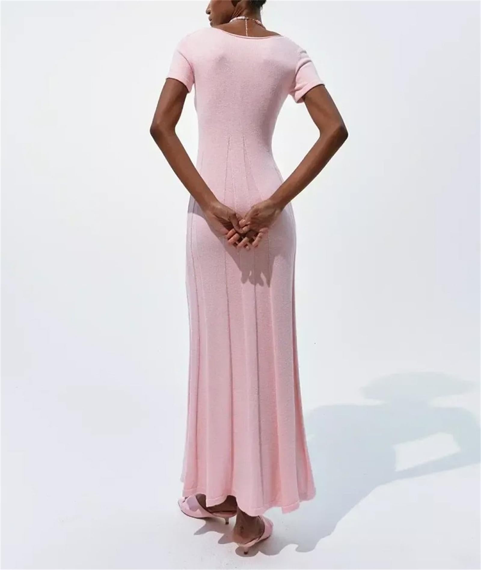 Abito Lungo da Donna a Coste con Scollo a V e Maniche Corte, Modello a Sirena Aderente con Spacco Frontale, Perfetto per Feste e Tutti i Giorni.