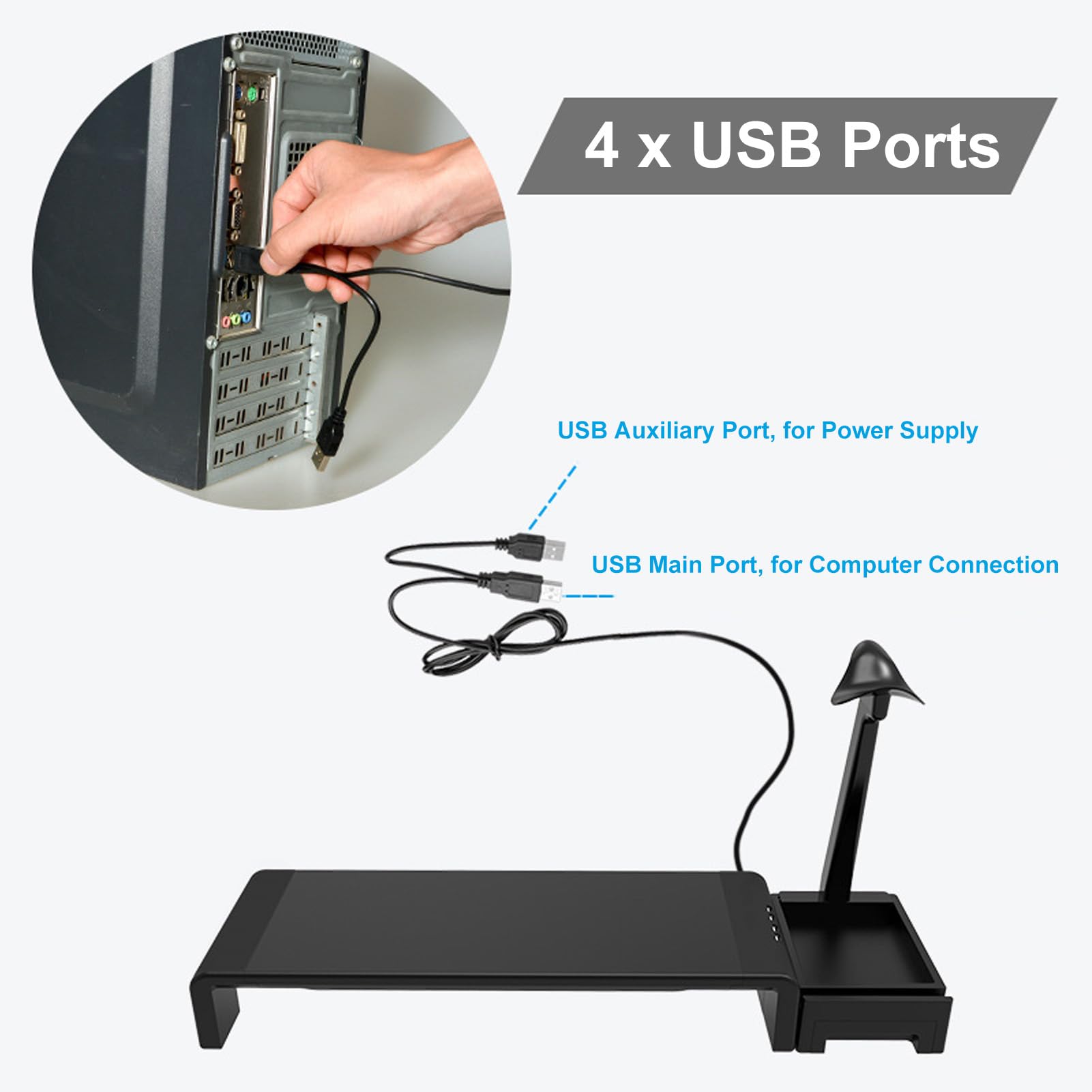 Supporto ergonomico per monitor del computer da gioco con gancio per cuffie e hub USB per l'organizzazione della scrivania 20x8x65cm