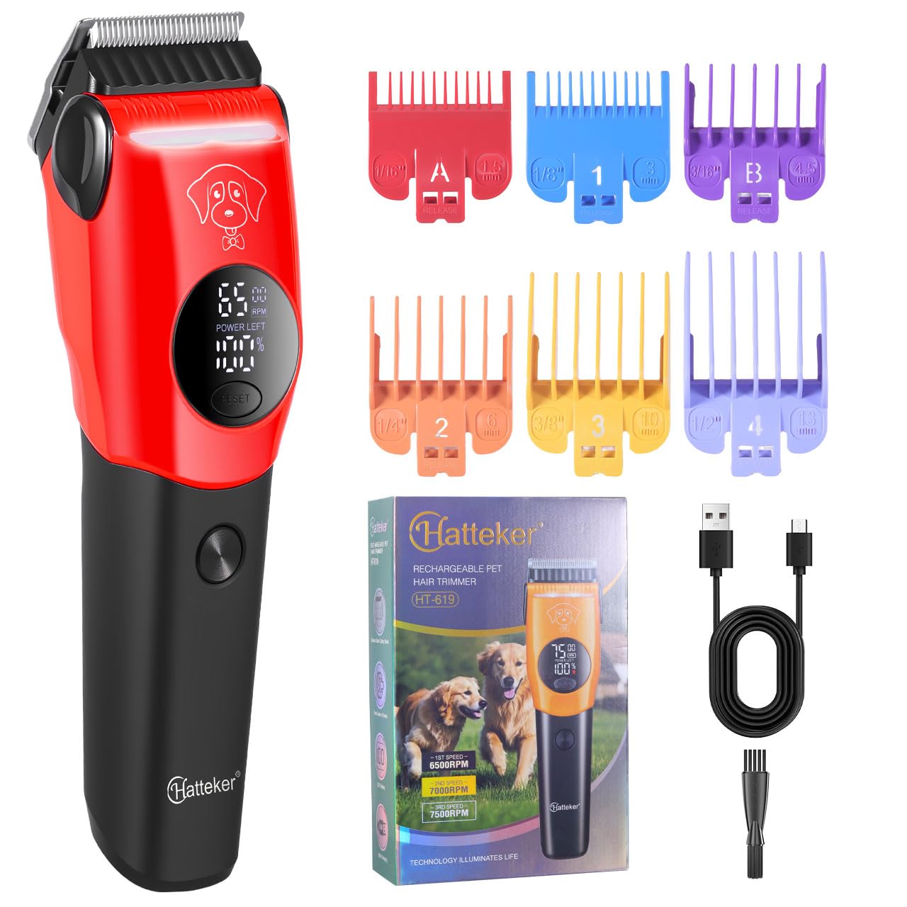 HATTEKER HT-619 Rechargeable Pet Hair Trimmer for Dogs & Cats, 6500/7000/7500 RPM 3 Speed Settings, Stainless Steel Blade, LED Display, Type-C USB Charging, 180 Minutes Runtime, RED-image-47