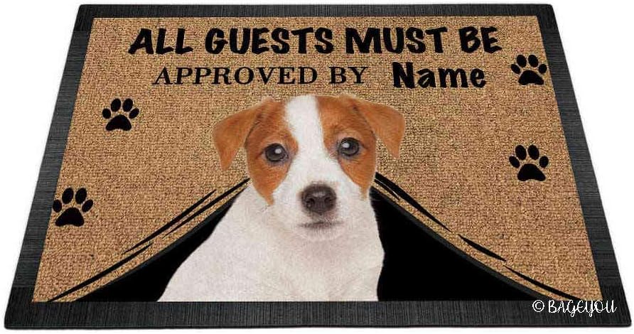 BAGEYOU All Guests Must be Approved Doormat with My Love Dog Jack Russell Terrier Puppy Welcome Floor Mat Custom Name 35.4 x 23.6