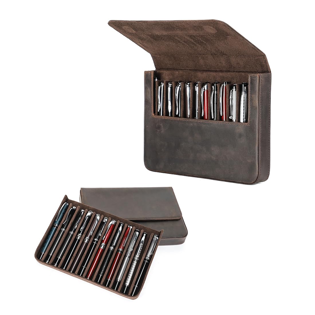 CONTACTS Leather 12 Pen Case Holder,Large Brushes Pencil Display,Pen Protective Travel Sleeve,Old School Elegant Desk Accessory Organizer Box