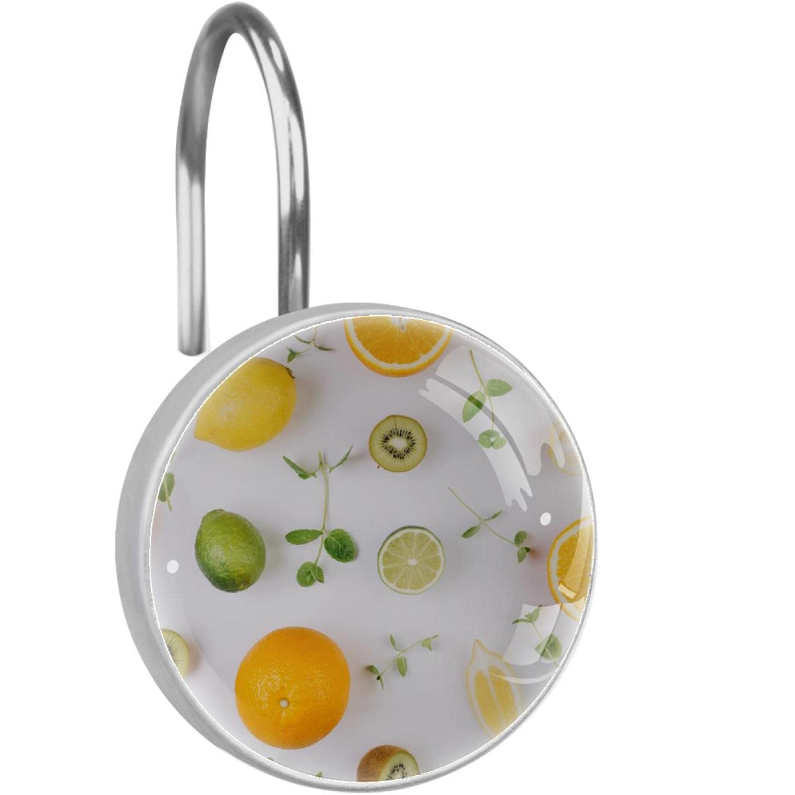 Crochets pour rideau de douche anti-blocage en acier inoxydable 12 anneaux déco fruits menthe