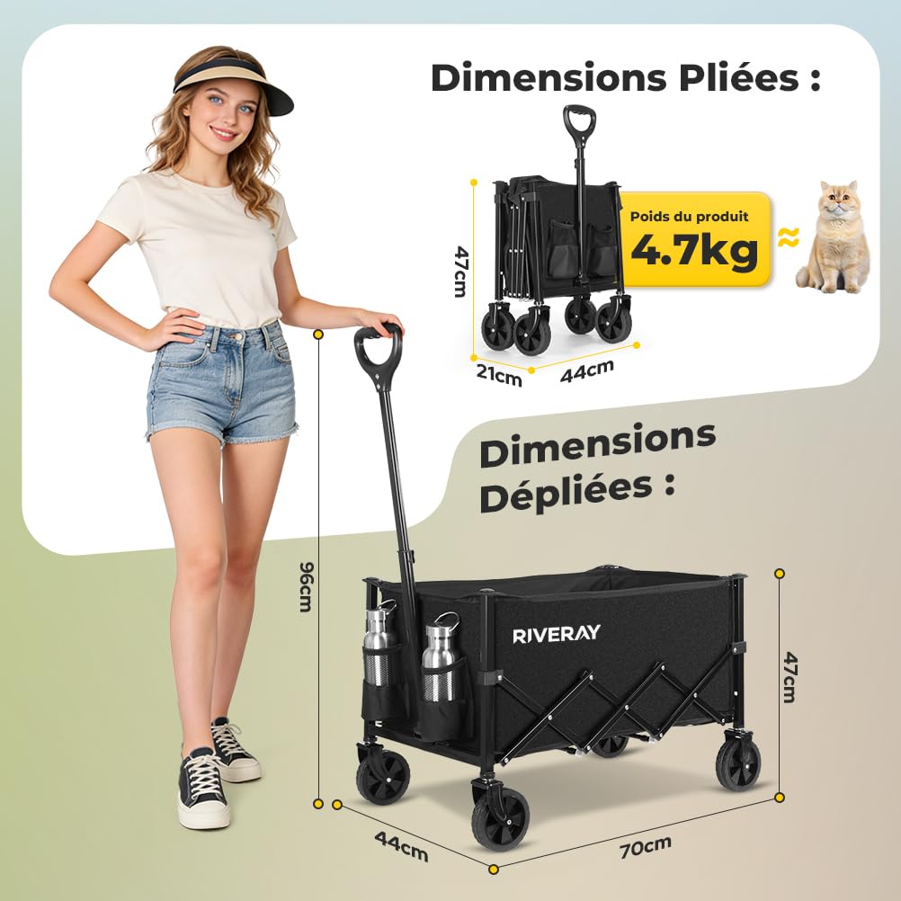 Chariot de Transport Pliable 120L, Montage sans Outil, Chariot Pliable de Jardin et Camping, 4 Roues Tout Terrain Détachables, Poignée Télescopique, pour Plage Jardinage Festival, Noir