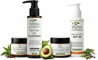 JYOVA Skin Care Combo with Tea Tree Oil Face Wash, Clove Neem Anti Acne Cream, Avocado Night Cream, Sunscreen SPF 50, Para...