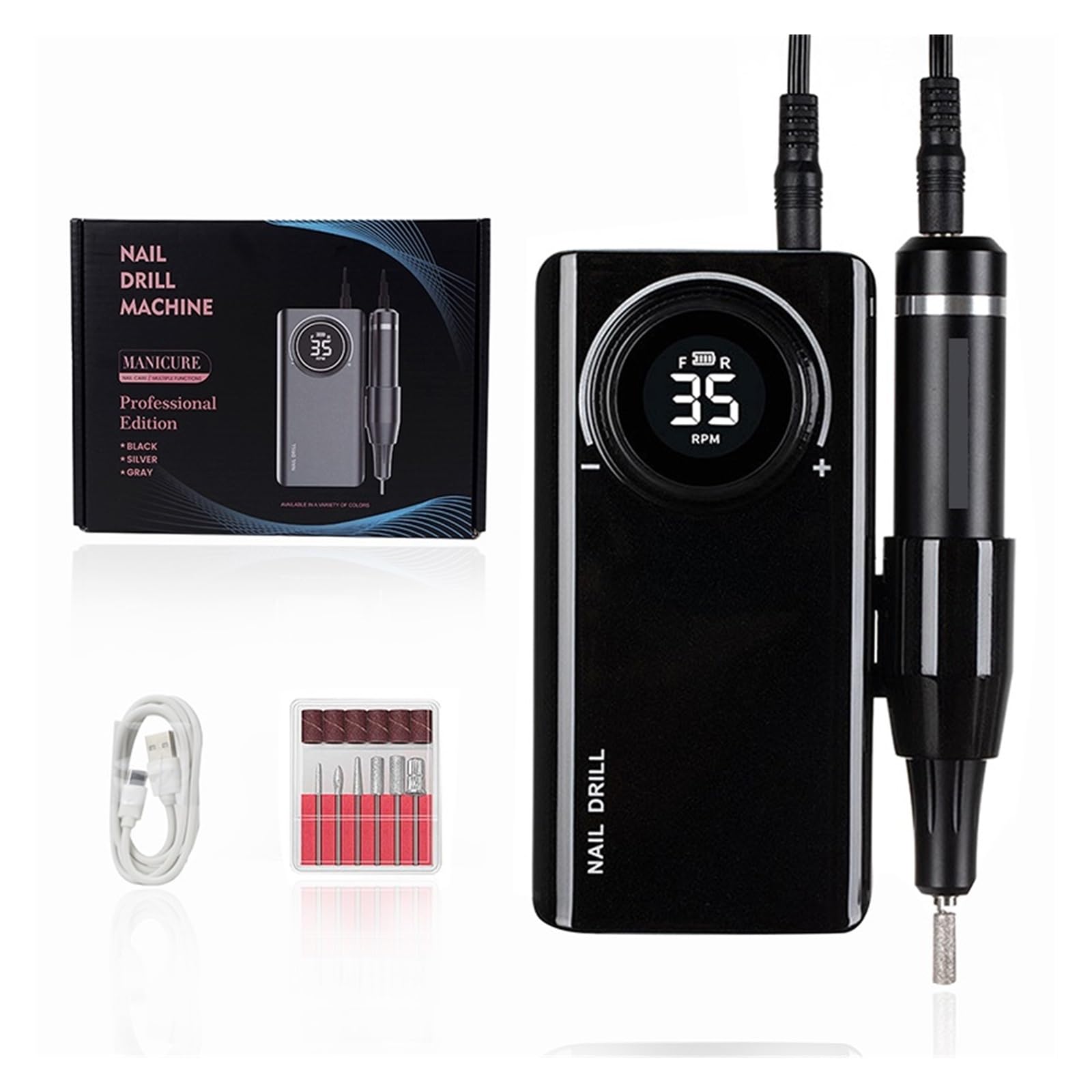 35000RPM wiertarka do paznokci z wyświetlaczem LCD, akumulatorowa wiertarka do paznokci do żelu do paznokci, profesjonalna frezarka do manicure Mocny i wydajny(Nero)