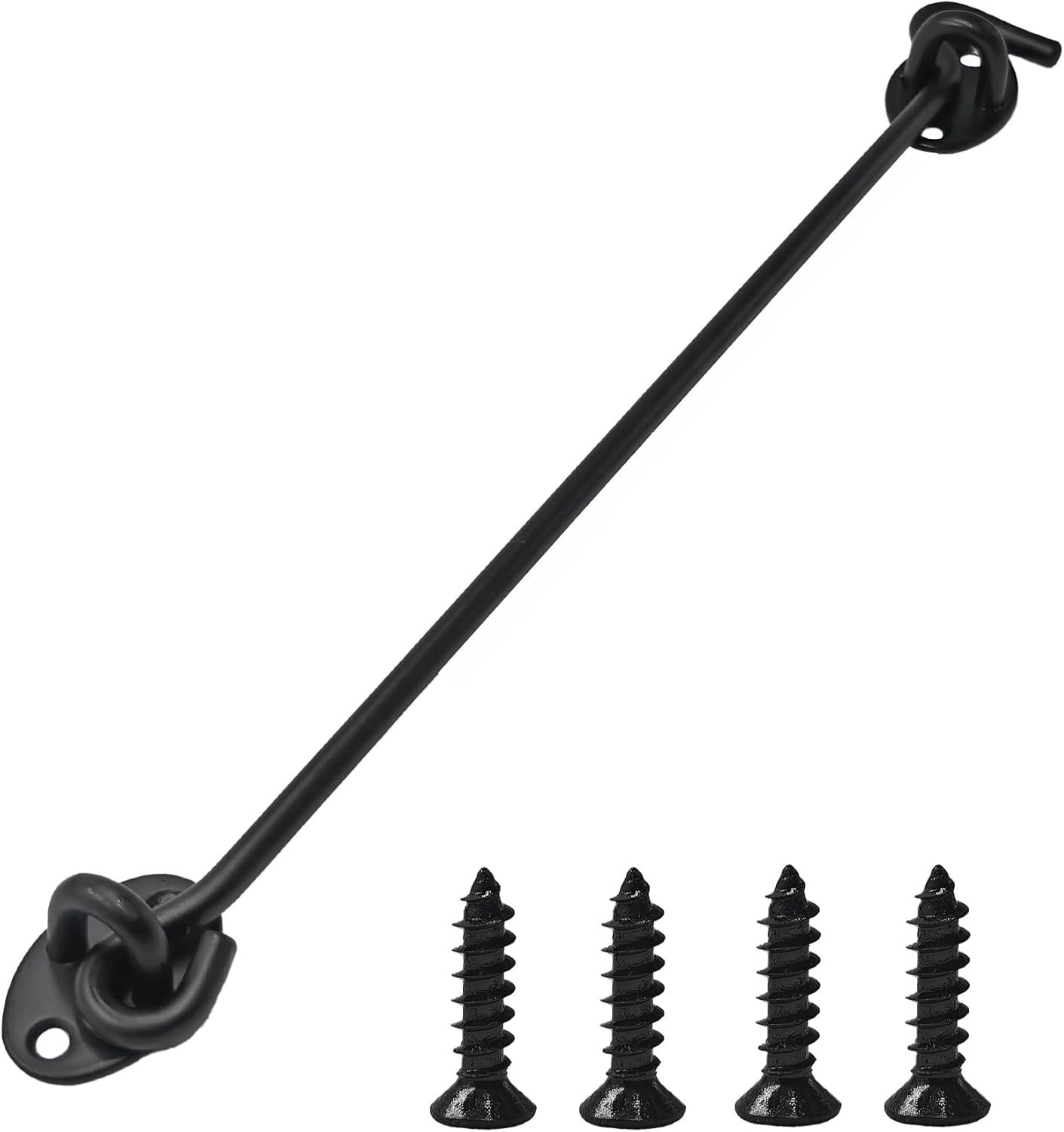 16 Inch Door Hook and Eye Latch, Black Swivel Gate Catch with Mounting Screws for Barn, Shed & Window