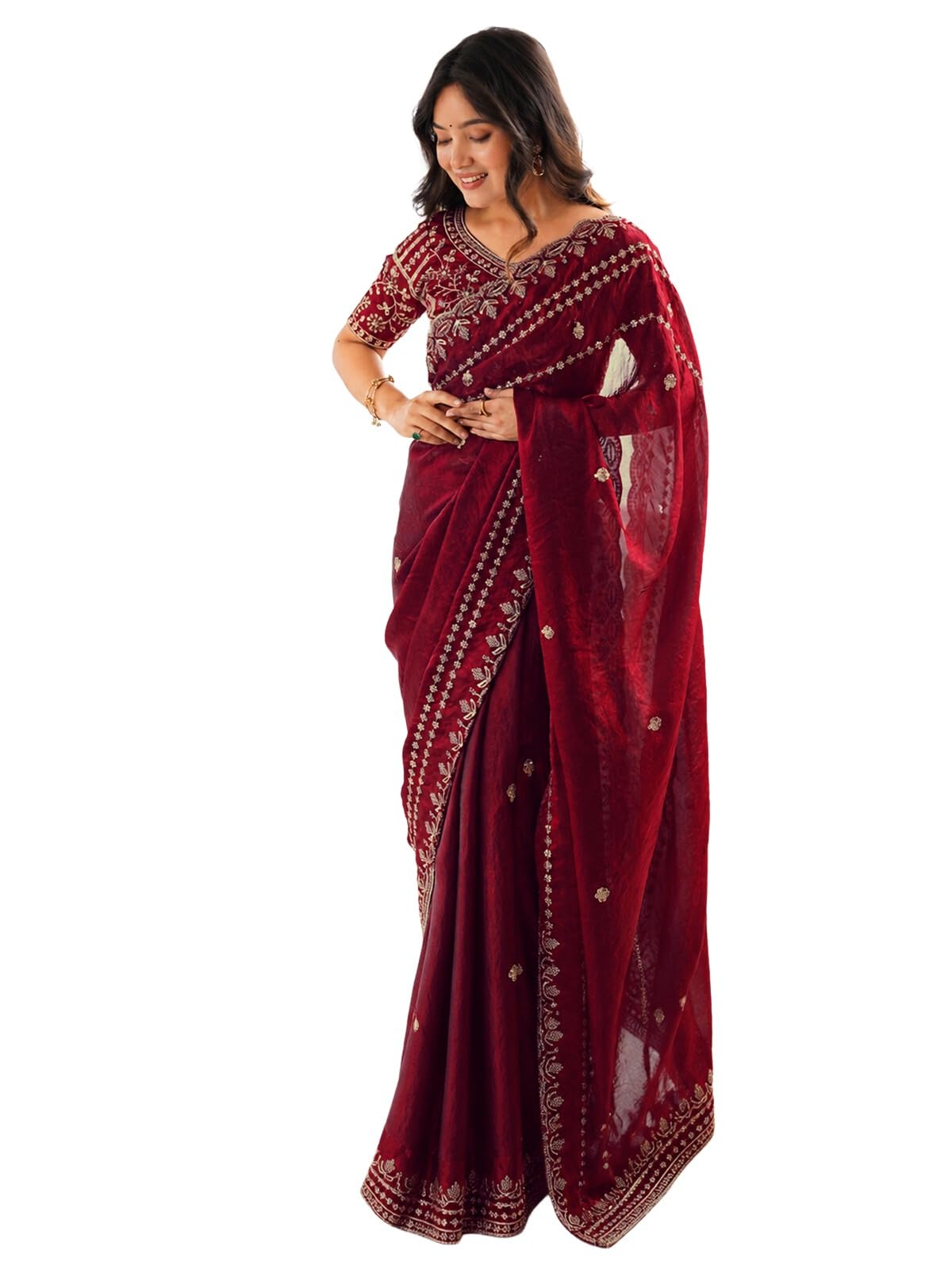 satrani Women's Sequins Embroidered Tissue Silk Saree with Unstitched Blouse-picture-25