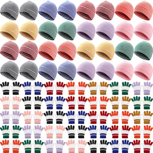 Chuarry 144Pcs/72Set Winter Beanie and Gloves Bulk Kids Knit Hat Gloves Pack Unisex Cold Weather Cap for Boys Girls Gift (Fashion)