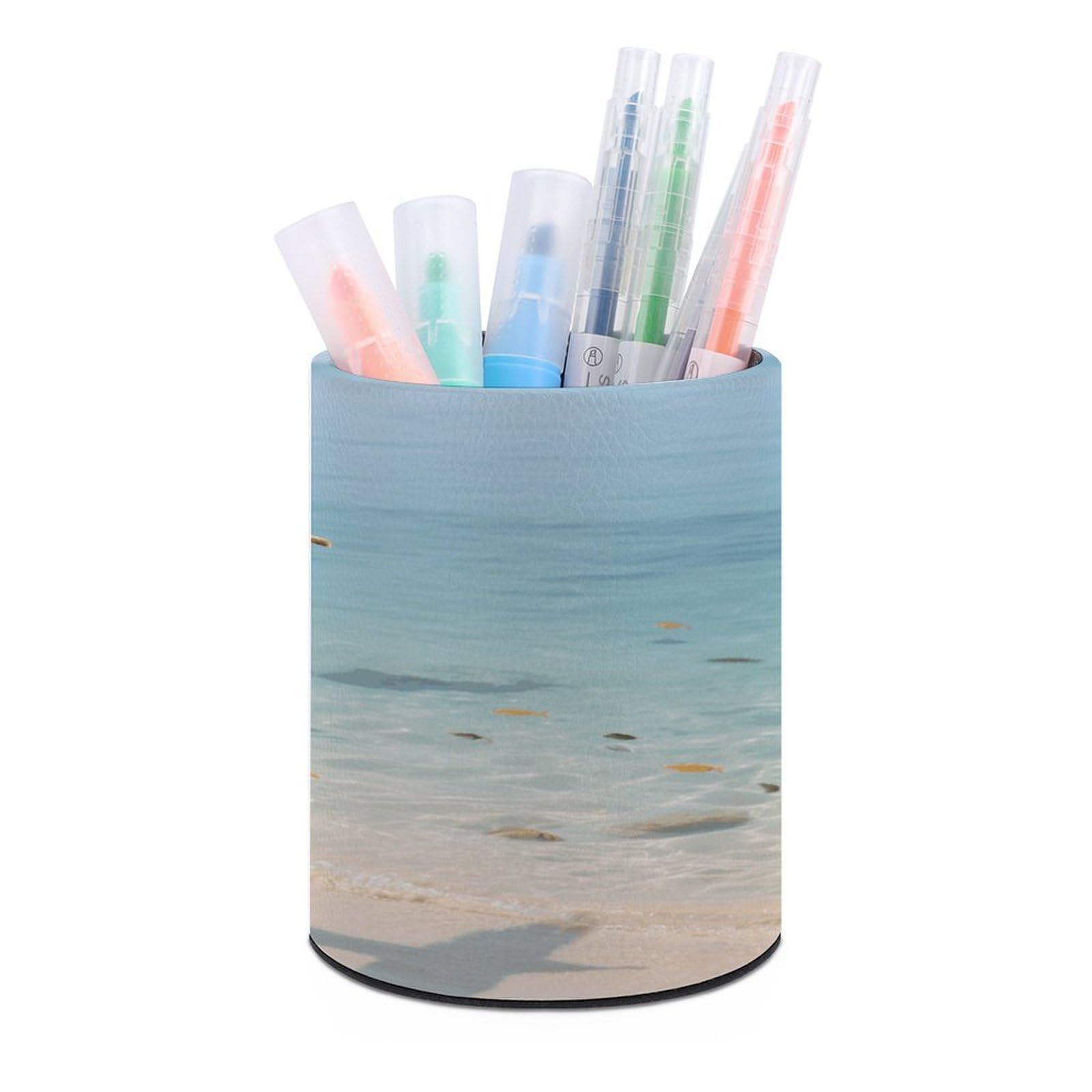 VstaDank Ocean Pen Holder Round Pencil Holder Cup Pen Container PU Leather Desk Organizer Stand Decorative Brush Scissor Holder Decoration Office Desk Home (3.1 x 3.9 inch)
