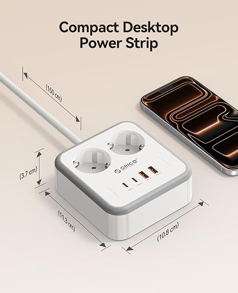 ORICO Regleta Enchufes con USB C 20W, Regleta de 3 Metros con 2 Tomas y 4 USB (2 USB-C), Diseño Compacto con Agujeros de Montaje y Pies Antideslizantes, 2500W, para Mesa o Pared, Blanco - APD - 4