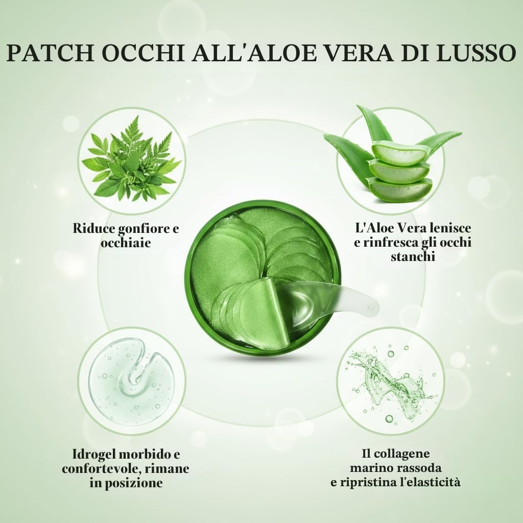Aloe Vera Patch Occhi Antirughe, 60 Pcs Collagene Patch Occhiaie e Borse, Maschera Occhi Riduce le Rughe e le Linee Sottili, Migliora e Rassoda la Pelle degli Occhi, Contorno Occhi Idratante