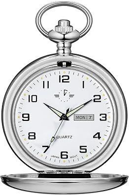 BOSHIYA Mens Hollow Quartz Pocket Watch Classic Arabic Digital Luminous dial & Date Pocket Watch with Chain Christmas Graduation Birthday Gift