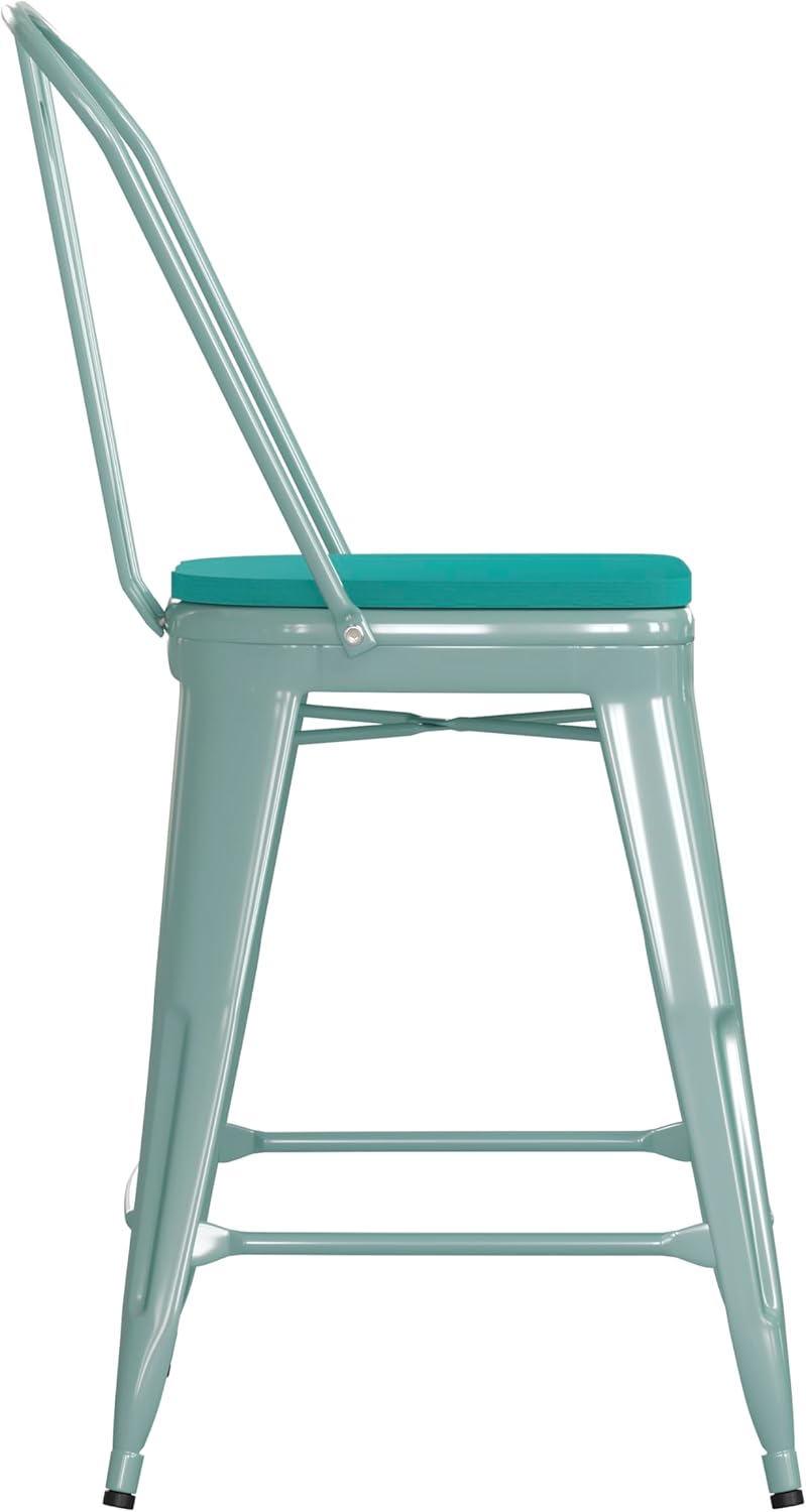 EMMA + OLIVER Nova Indoor/Outdoor Metal Stool - Distressed Mint Green Metal Frame - Mint Green Polystyrene Seat - 24 Inches High - Vertical Slat Back