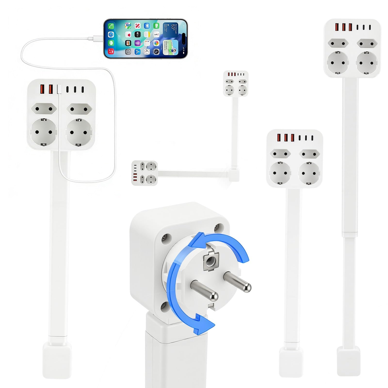 Multiprise extensible rectangulaire - Rallonge de prise - Barre extensible (47-67 cm) - 4 prises - Charge rapide USB-A & USB-C - Pour la maison et le bureau
