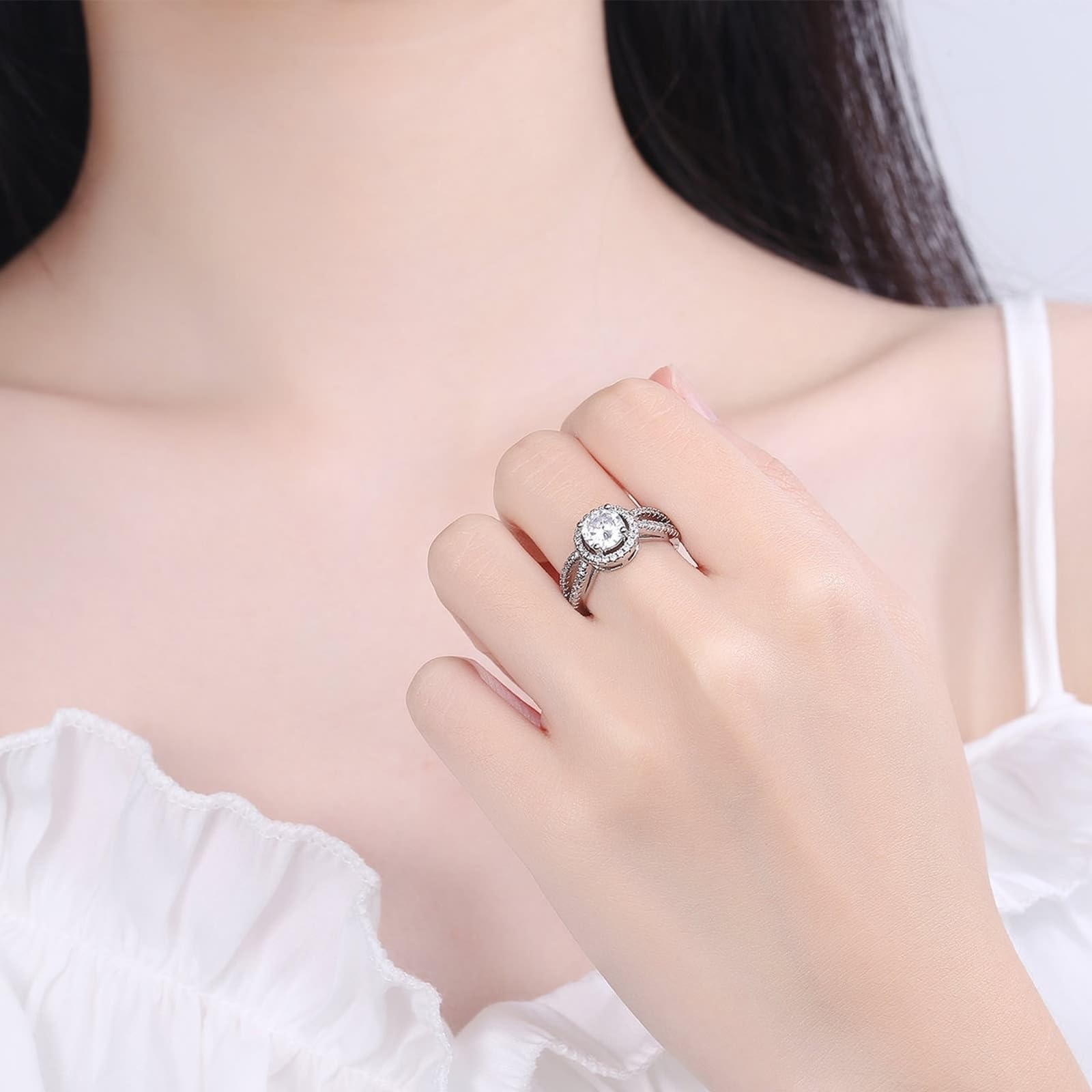 Obrączka ślubna białe złoto pierścionki dla kobiet 18K diament laboratoryjny okrągły z cyrkonią rozmiar H 1/2 moda dla żony biżuteria świąteczna