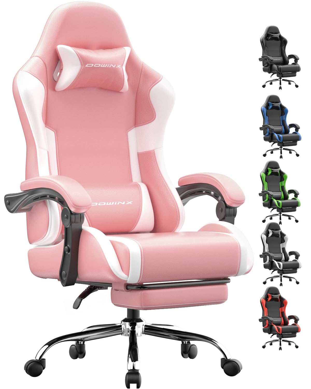 Dowinx Gaming Stuhl, Ergonomischer Chair, Gamer Sessel mit Fußstütze, 150KG Belastbarkeit Gamingstuhl mit Verstellbare Order Feststehende Armlehnen, PC Computerstuhl
