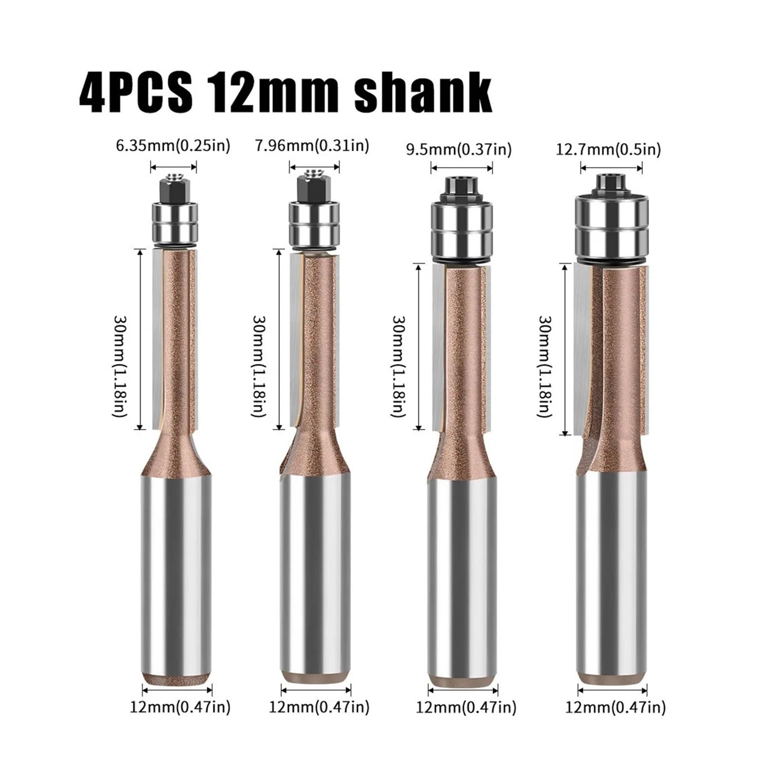1/4 Szt. 1/2 "12MM Frez Z Chwytem Podwójne Łożysko Flush Trim Bit Router Profesjonalne Narzędzia Do Obróbki Drewna(4Pcs 12mm Set)