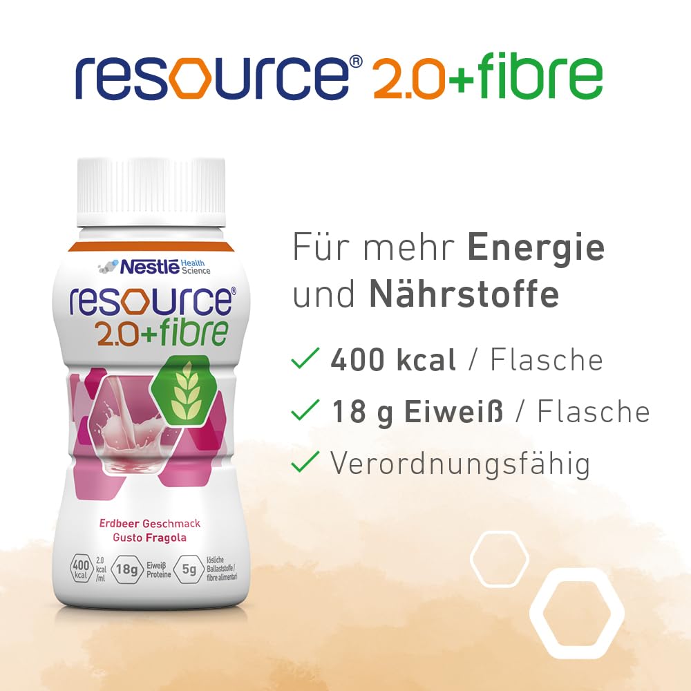 resource® 2.0+fibre Erdbeeere | 24x200ml | Hochkalorische Trinknahrung bei ungewolltem Gewichtsverlust | Astronautennahrung | Aufbaunahrung | 400 Kalorien + 18g Eiweiß/Flasche | mit Ballaststoffen