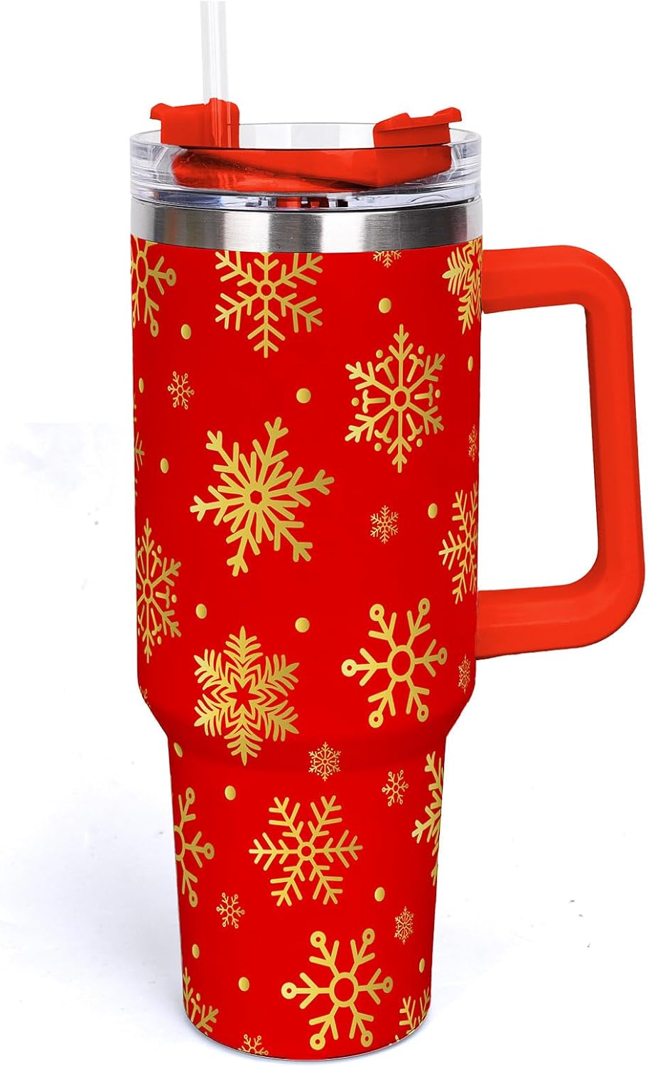 Whaline 40oz Christmas Tumbler with Handle Straw and Lid Red Gold Snowflake Travel Tumbler Coffee Cup for Xmas Winter Holiday Party Home Office