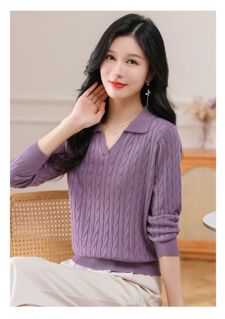 Maglioni da Donna con Scollo a V, Maglione Lavorato a trecce, Pullover Casual Elegante, Top Autunno Inverno alla Moda(Purple,L)