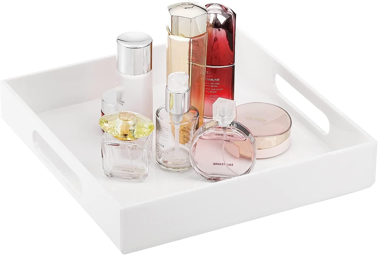 WUWEOT White Square Acrylic Serving Tray, 30cm Coffee Table Breakfast Tray, Decorative Perfume Tray Cosmetics Organizer with Handles for Living Room Bedroom Kitchen Bathroom Countertop