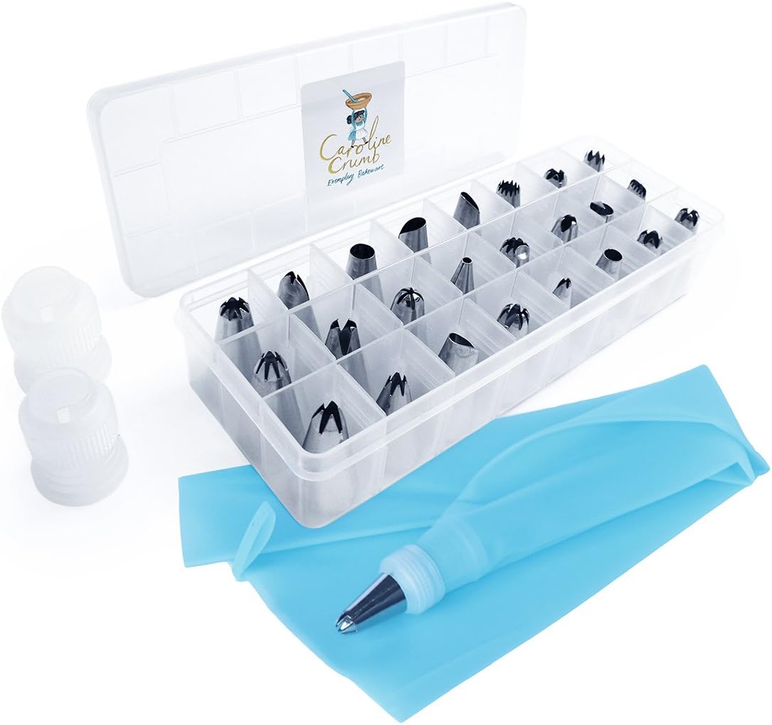 27 Piece Cake Decoration Icing Tips Set With Piping Bag - Stainless Dispenser Nozzle Kit For Professional Baking Decorating. Tools Supply and Storage Case. Child Safe Sugar Craft family friendly.