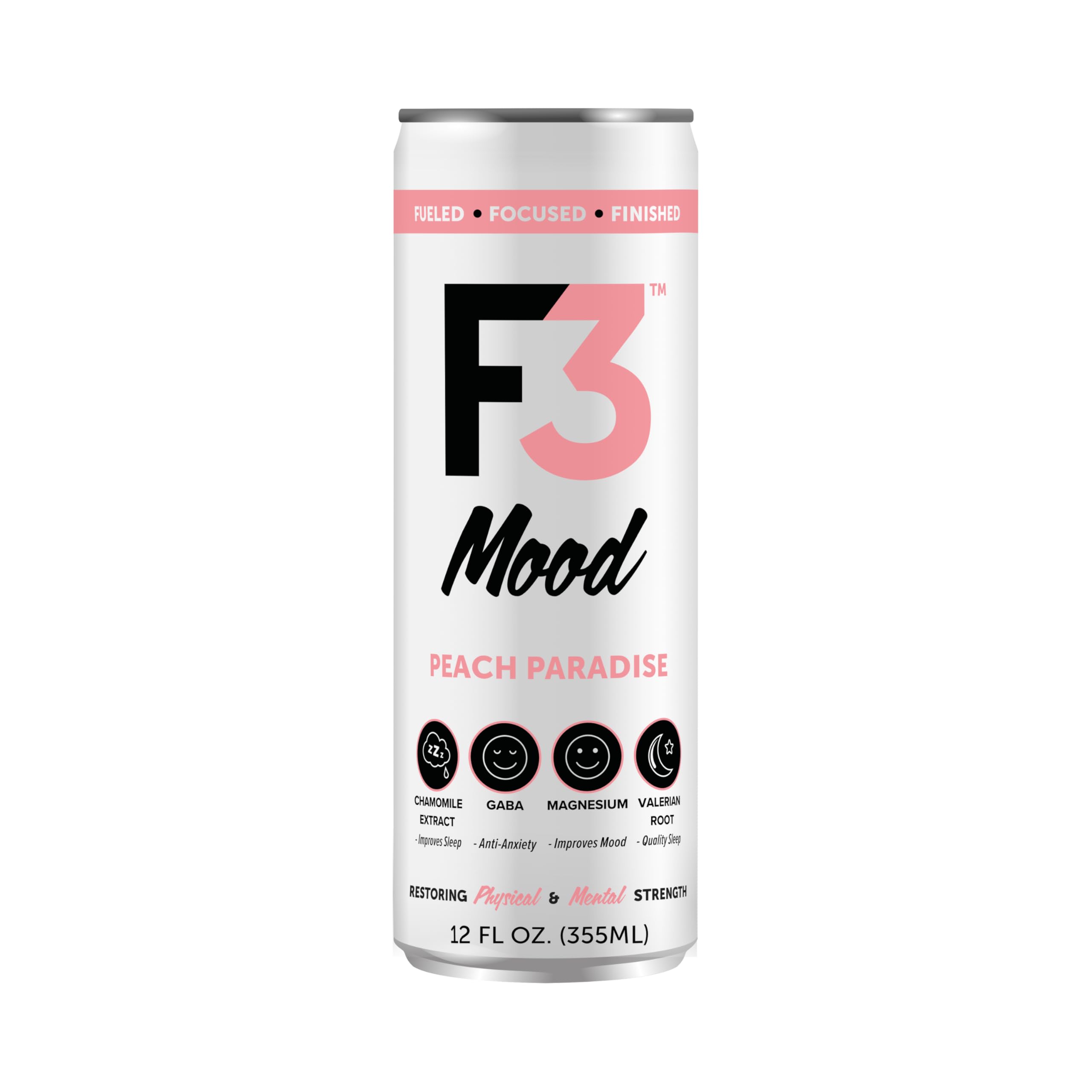 F3 Mood - Functional Sparkling Juice Drink with Powerful Nootropics to Reduce Stress, BCAAs for Muscle Recovery, and Chamomile & Valerian Root for Sleep - Caffeine Free (Peach Paradise,12 Pack)