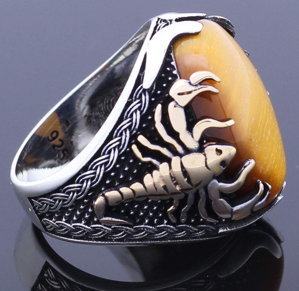 Solid 925 Sterling Silver Tiger Eye Stone Scorpion Figure Men Ring
