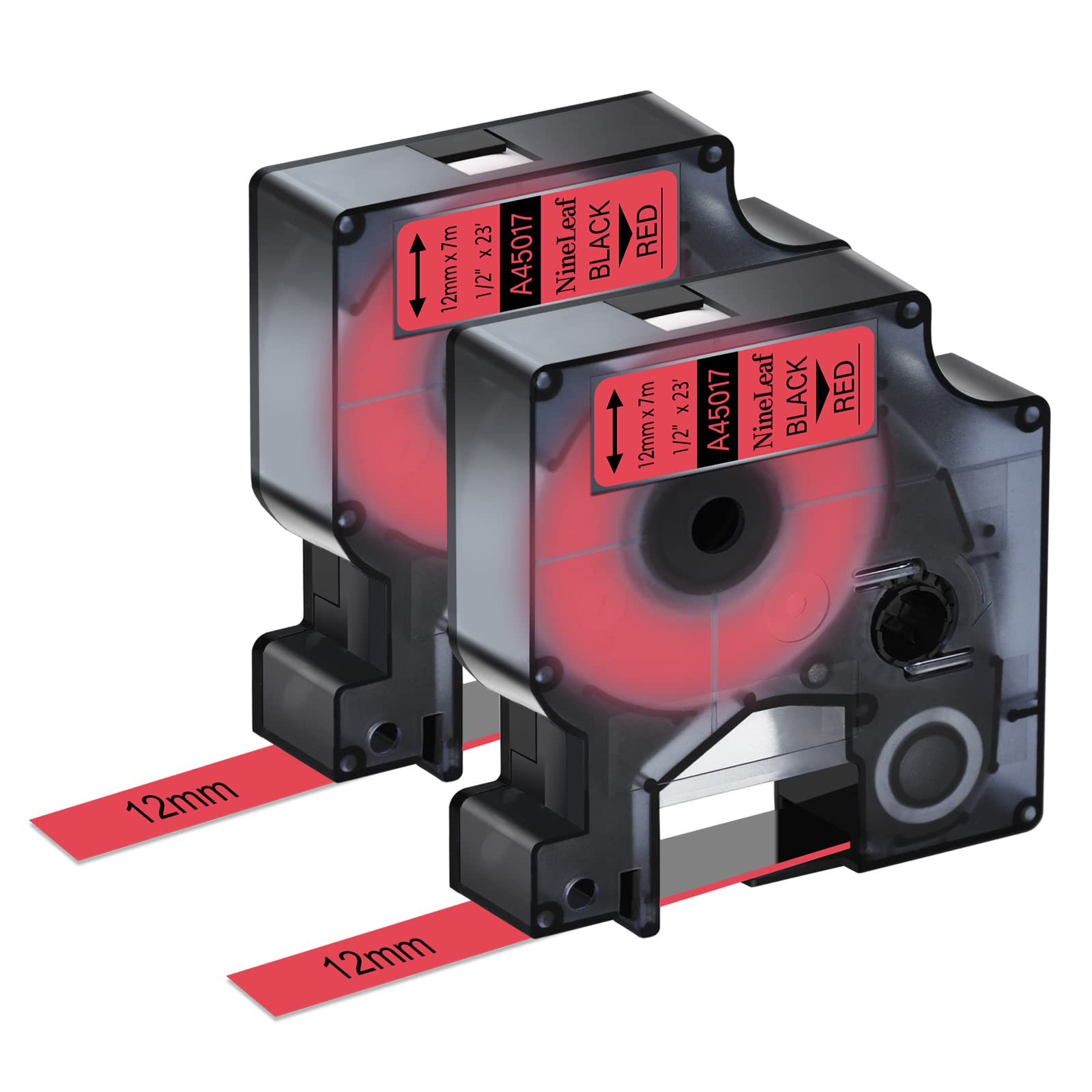 NineLeaf 2 Pack Compatible for Dymo D1 Label Maker Refills 45017 S0720570 1/2" 12mm Black on Red Label Tape Refill for LabelManager PnP 160 260P 210D