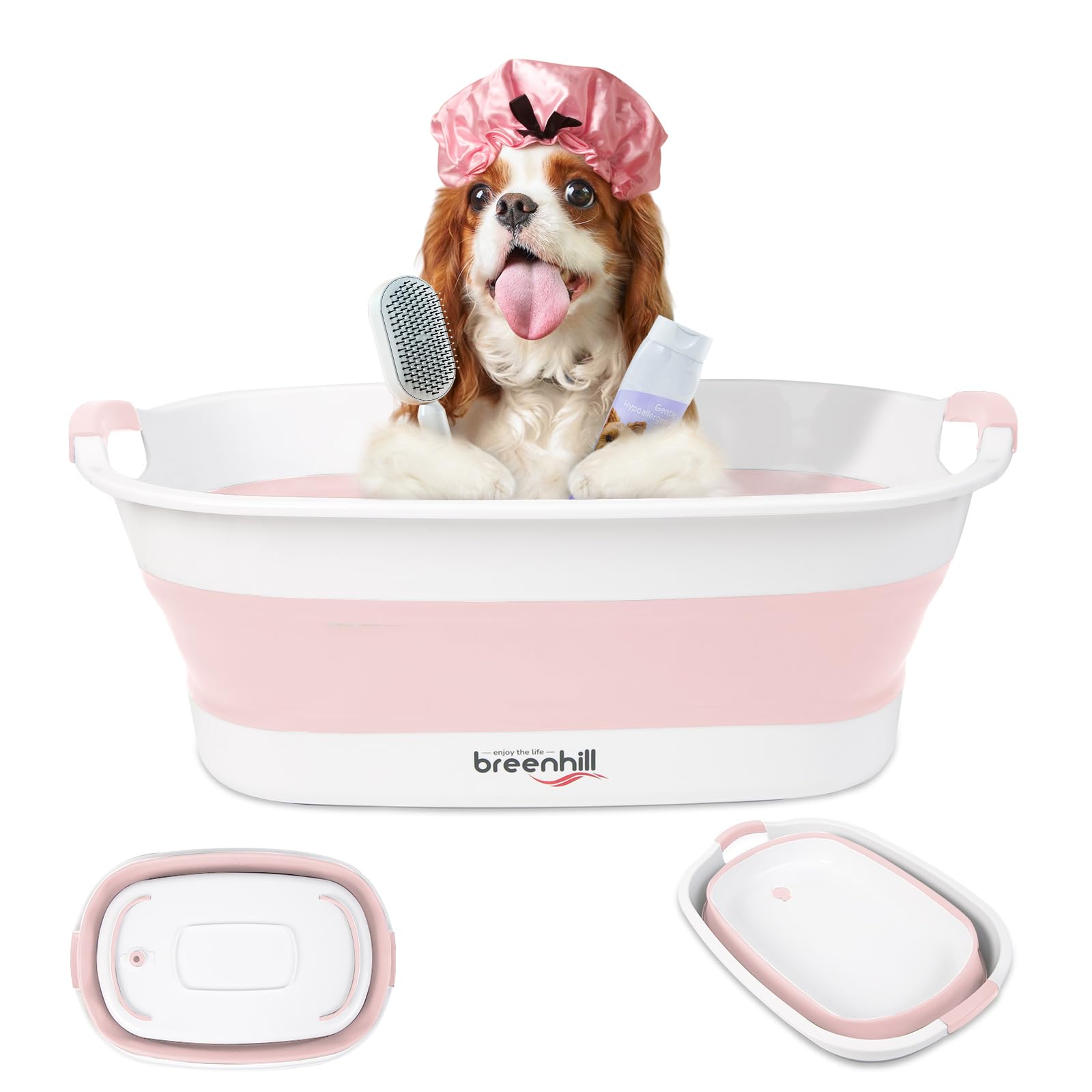BREENHILL Collapsible Dog Bath Tub for Small Dogs & Cats, Portable Puppy Bath Tub with Water Drain Plug, Space Saving Foldable Pet Bathtub for Indoor & Outdoor Use, Pink