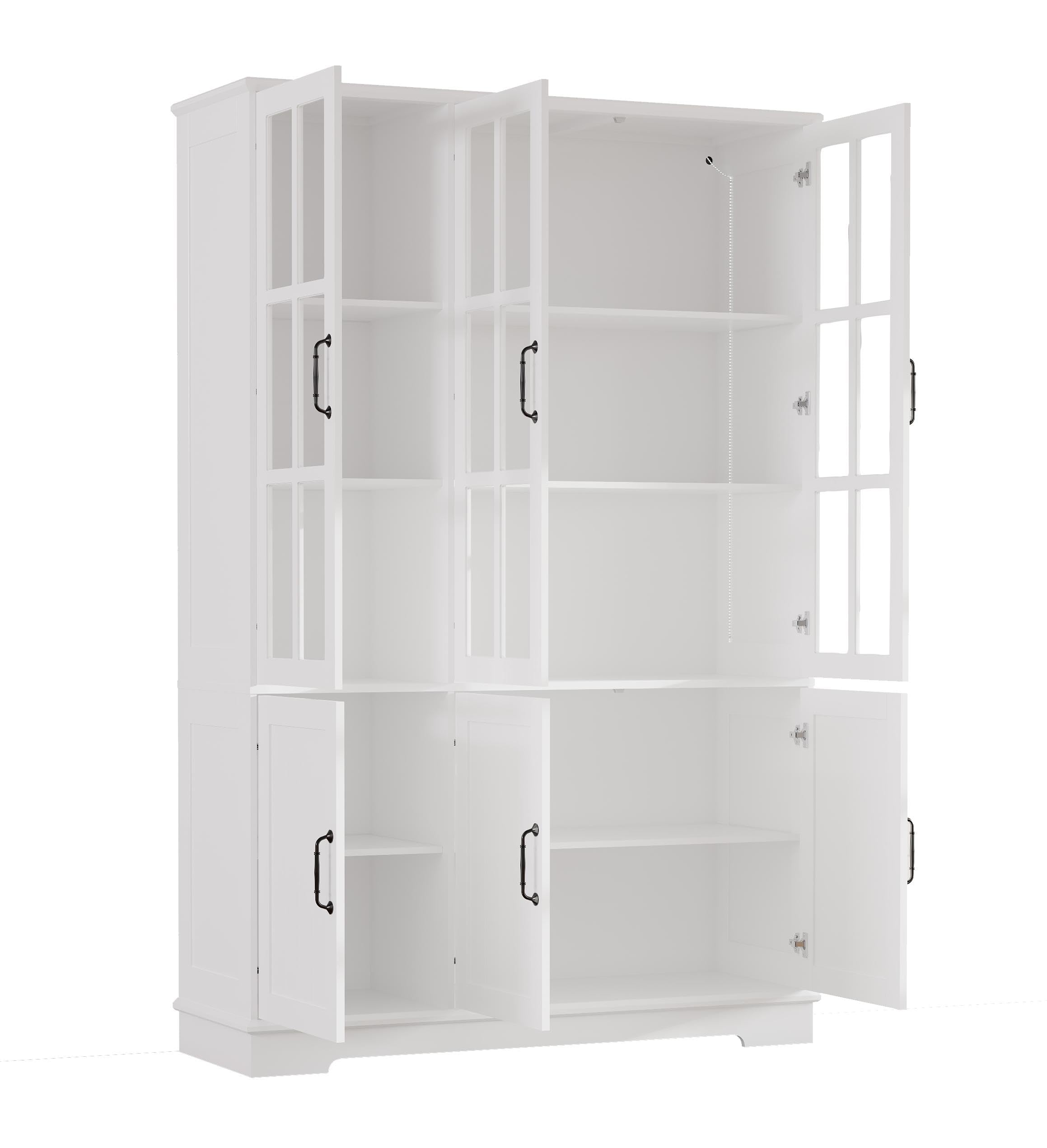 LUXOAK Vitrinenschrank mit LED Beleuchtung & Retro-Griffen, Hochschrank weiß 180 cm hoch, 6 Türen mit Acrylfenstern & 8 Einlegeböden, moderner Schrank für Wohnzimmer & Küche