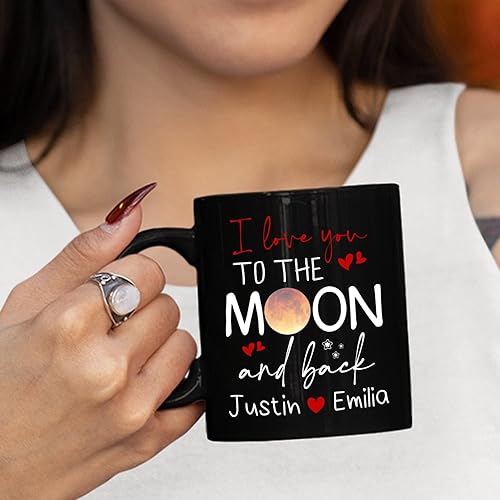 Miniatura 6 de Taza de café negra personalizada para parejas, 11 onzas, 15 onzas, taza con texto en inglés "I Love You to the Moon and Back", tazas de café