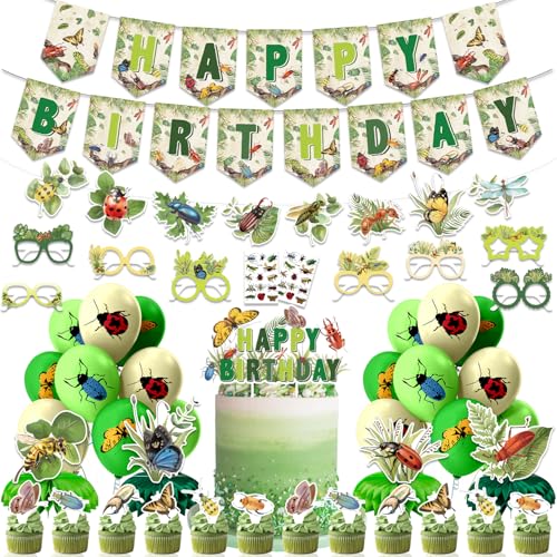 KOTLMIGHT Bugs Party Decorations Bug Insects Birthday Party Decorations Decor Supplies for Boys Girls - Backdrop Toppers Centerpieces Hanging Swirl Bugs Glasses