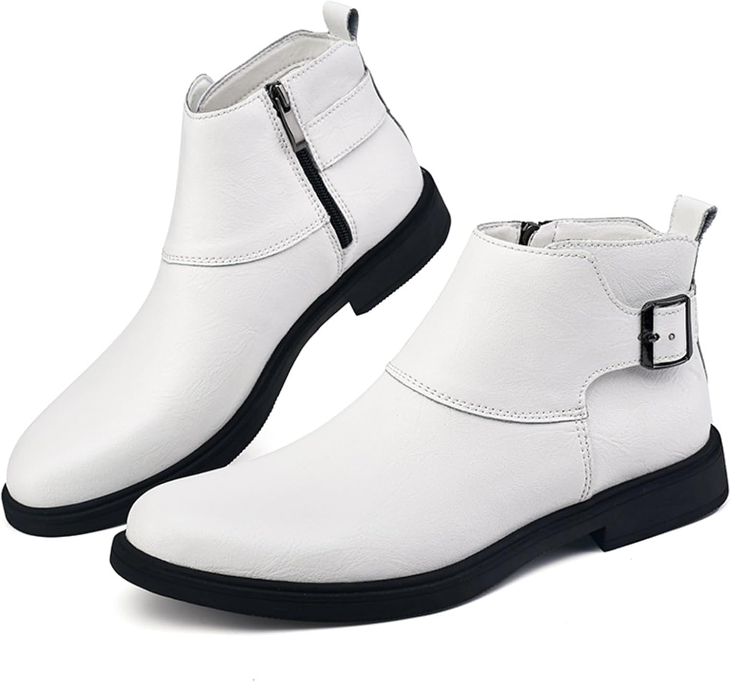 Men's Genuine Leather Pointed Toe Dress Chelsea Boots Adjustable Buckle Inner Zipper Ankle Boots Casual Formal Business Booties