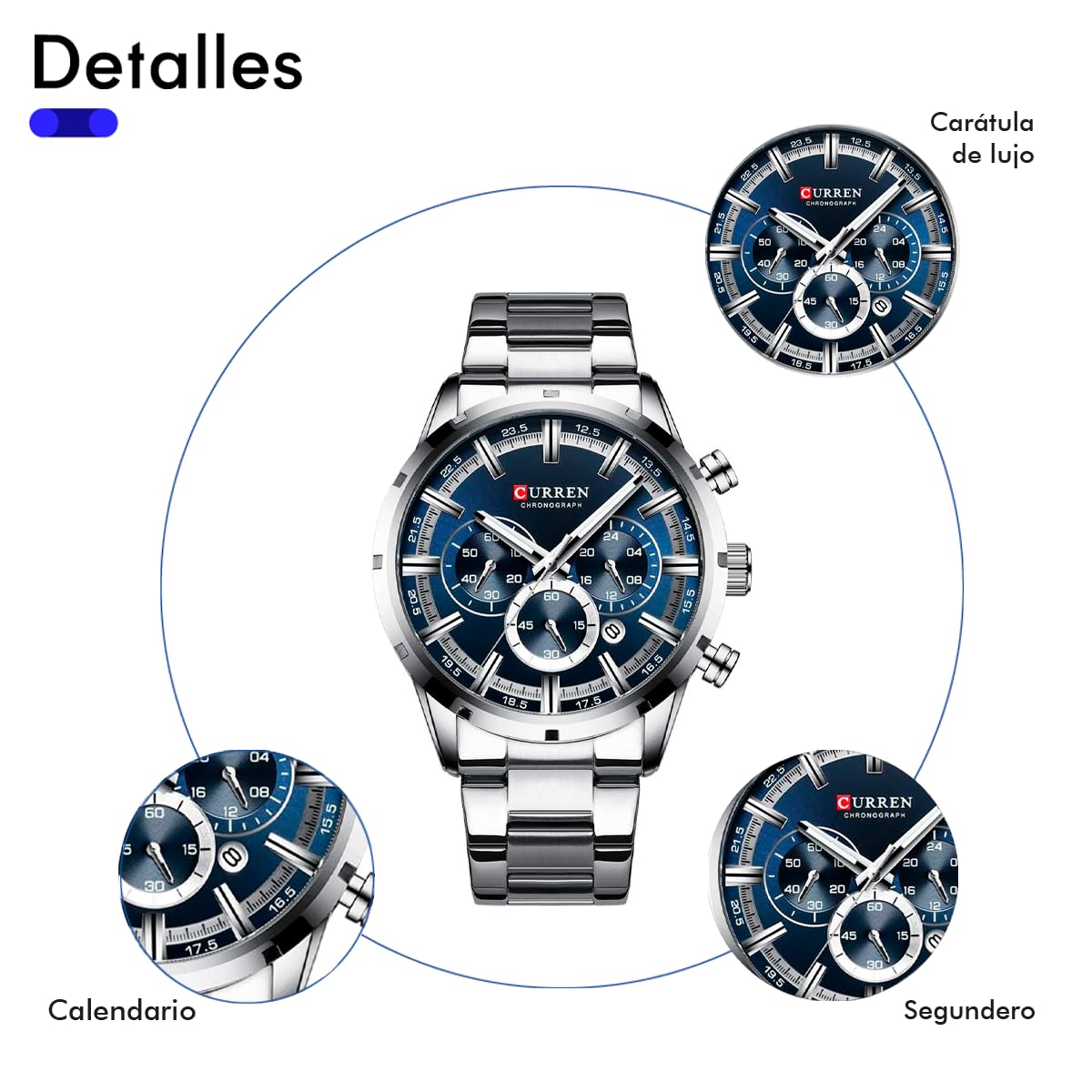 CURREN Reloj de Pulsera para Hombre, Análogo, con Fechador, Cronógrafo, Robusto y Extensible de Acero Inoxidable, Elegante y Moderno, Broche a Presión, Plateado, m, pulsera