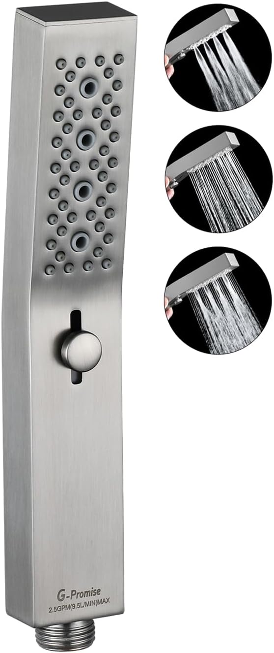 G-Promise All Metal Square 3 Function Handheld Shower Head, Easy and Quick Switch to Massage Mode, Bathroom Shower Wand Design Exquisite Luxury, 2.5 GPM, Brushed Nickel