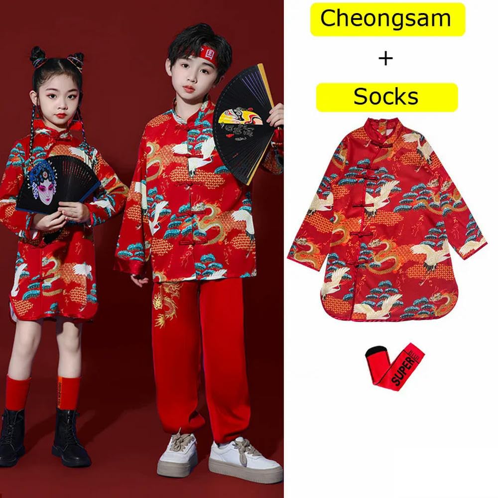 ZBDP czerwone ubrania z nadrukiem starożytny kostium Tang dziewczyna Hanfu Cheongsam dla dziecka chłopca tradycyjna odzież