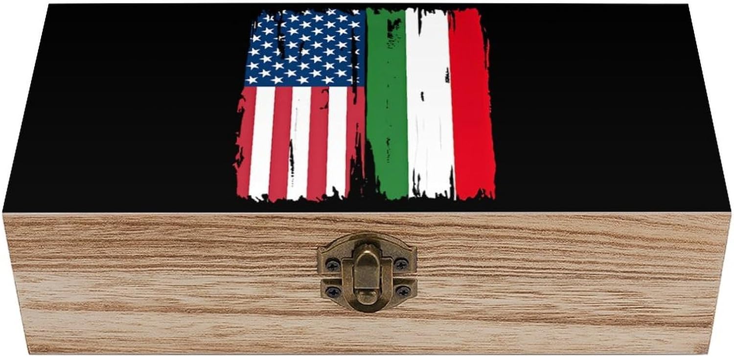 US And Italy Flag Funny Storage Boxes with Lid Wood Home Organizer