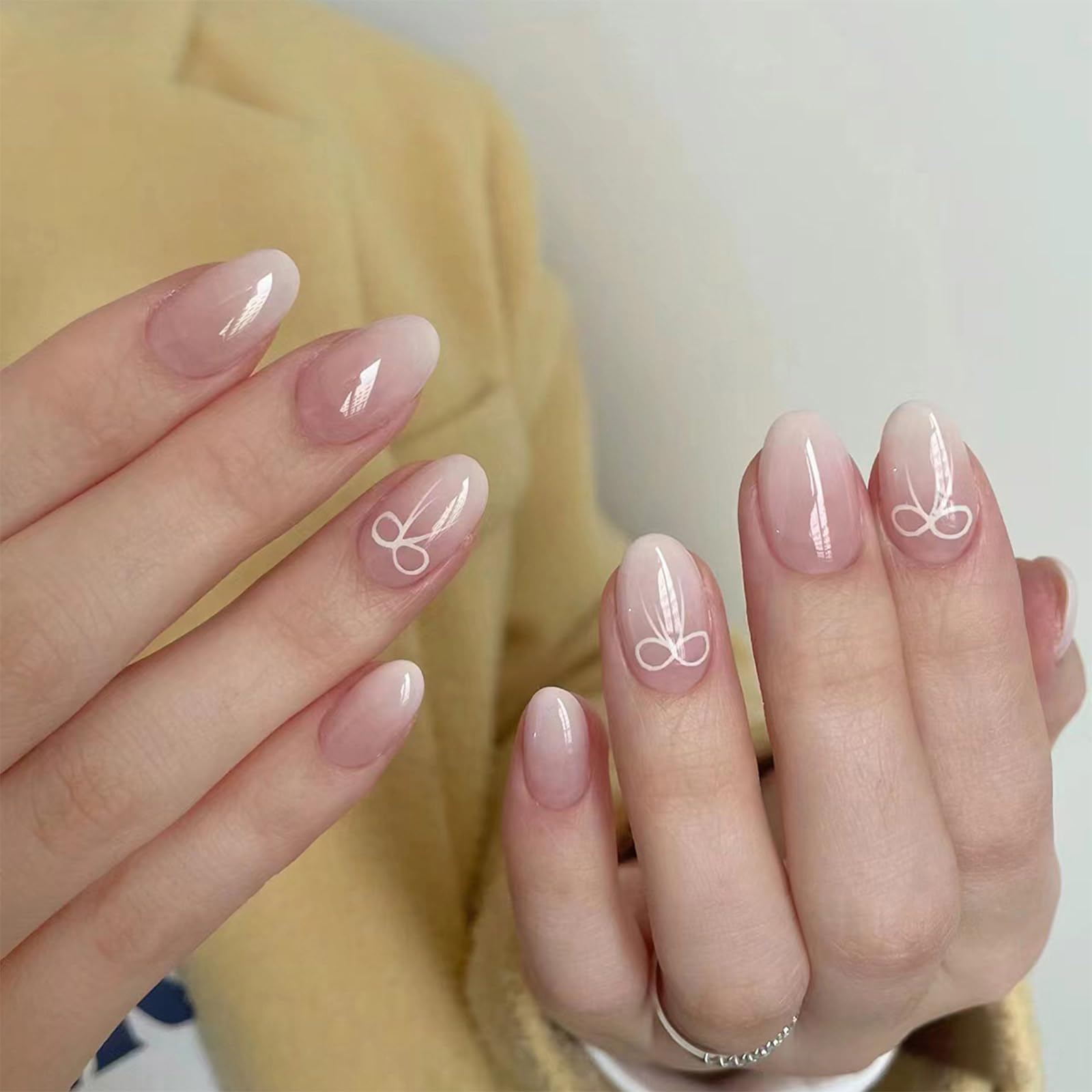 French Tip False Nails, 24Pcs Short Almond Press on Nails, Nude Gradient False Nails Almond Pattern with Bowknot